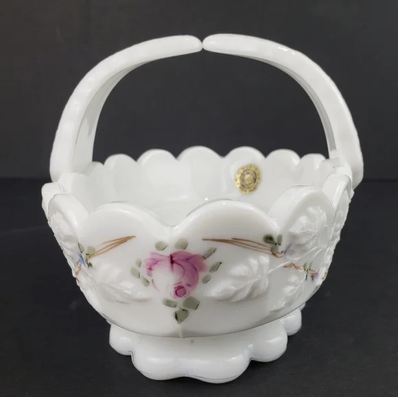 Westmoreland Milk Glass Basket Roses and Blue Vine Grapes Candy Dish Vintage - Picture 5 of 16